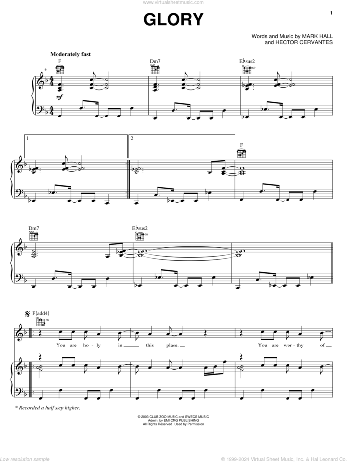 Glory sheet music for voice, piano or guitar by Casting Crowns, Hector Cervantes and Mark Hall, intermediate skill level