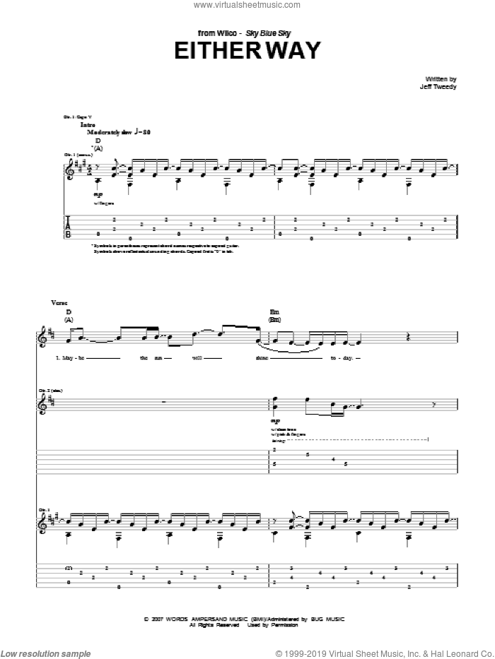 Either Way sheet music for guitar (tablature) by Wilco and Jeff Tweedy, intermediate skill level