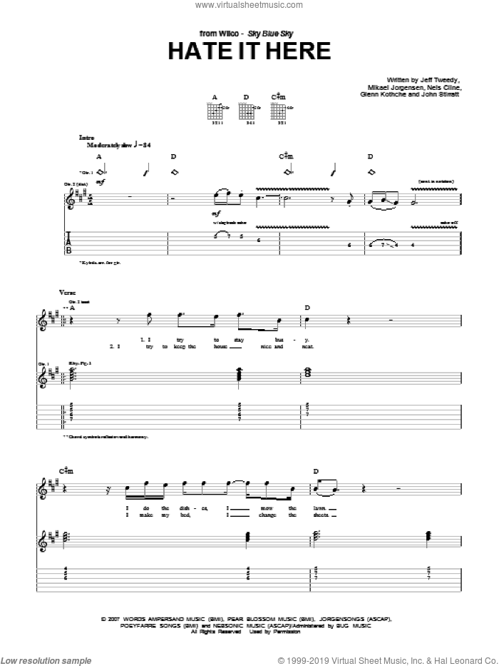 Hate It Here sheet music for guitar (tablature) by Wilco, Glenn Kothche, Jeff Tweedy, John Stirratt, Mikael Jorgensen and Nels Cline, intermediate skill level