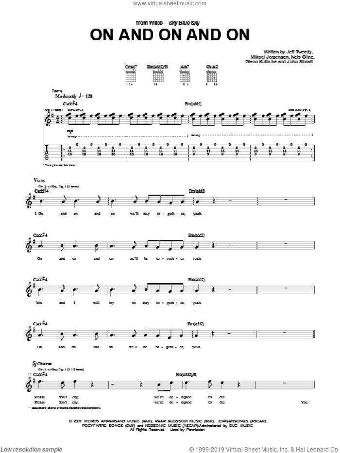 On And On And On sheet music for guitar (tablature) by Wilco, Glenn Kothche, Jeff Tweedy, John Stirratt, Mikael Jorgensen and Nels Cline, intermediate skill level