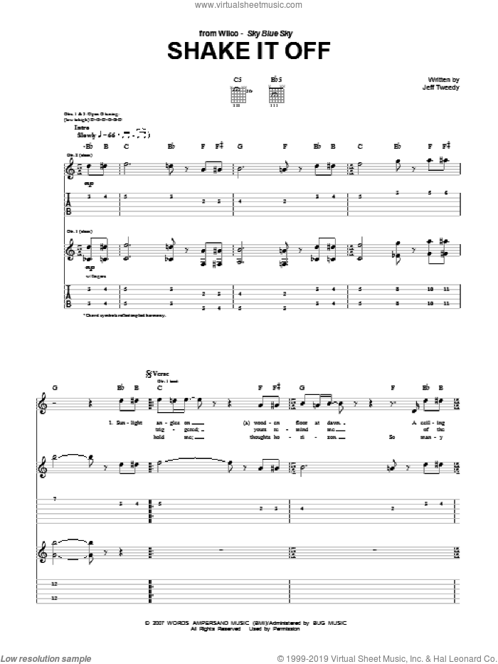 Shake It Off sheet music for guitar (tablature) by Wilco and Jeff Tweedy, intermediate skill level