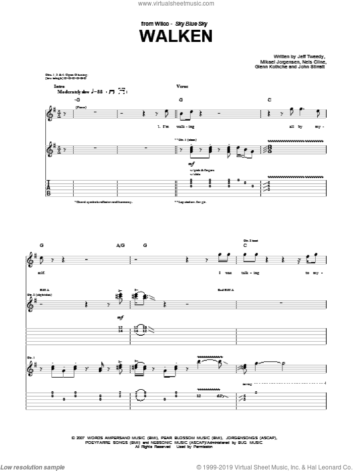 Walken sheet music for guitar (tablature) by Wilco, Glenn Kothche, Jeff Tweedy, John Stirratt, Mikael Jorgensen and Nels Cline, intermediate skill level