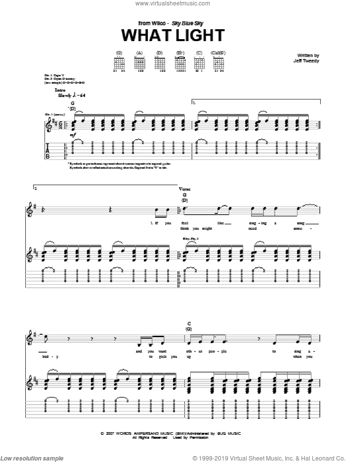 What Light sheet music for guitar (tablature) by Wilco and Jeff Tweedy, intermediate skill level