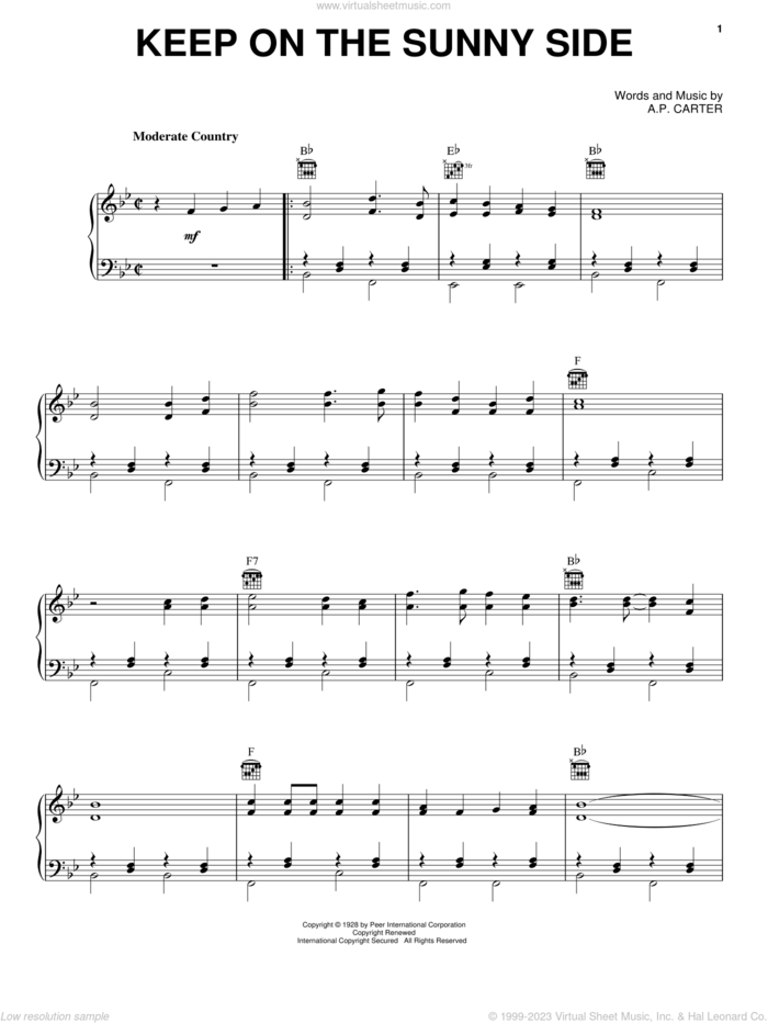 Keep On The Sunny Side sheet music for voice, piano or guitar by The Carter Family and A.P. Carter, intermediate skill level