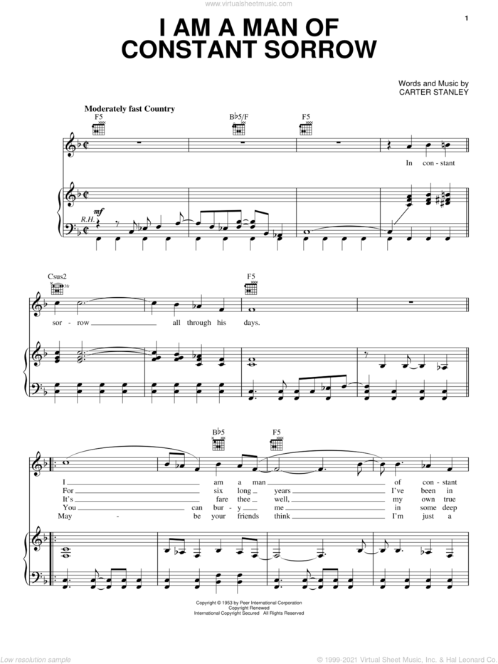 Boys I Am A Man Of Constant Sorrow Sheet Music For Voice Piano Or Guitar