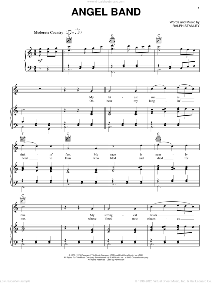 Angel Band sheet music for voice, piano or guitar by The Stanley Brothers and Ralph Stanley, intermediate skill level