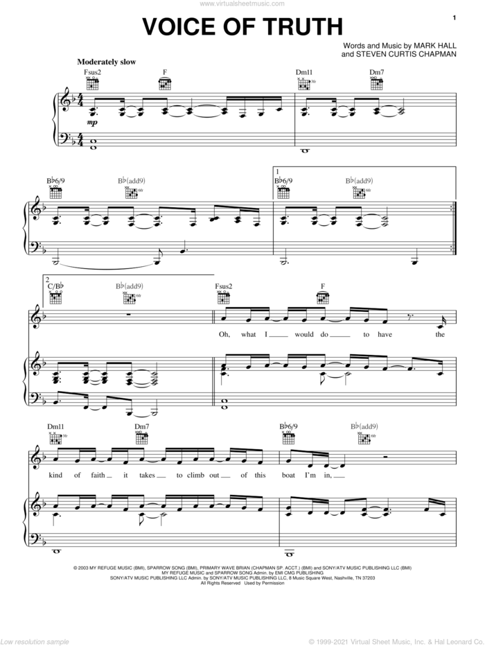 Voice Of Truth sheet music for voice, piano or guitar by Casting Crowns, Mark Hall and Steven Curtis Chapman, intermediate skill level