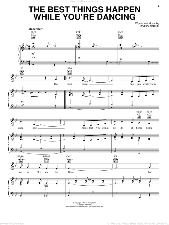 The Best Things Happen While You're Dancing sheet music for voice, piano or guitar by Irving Berlin and White Christmas (Musical), intermediate skill level