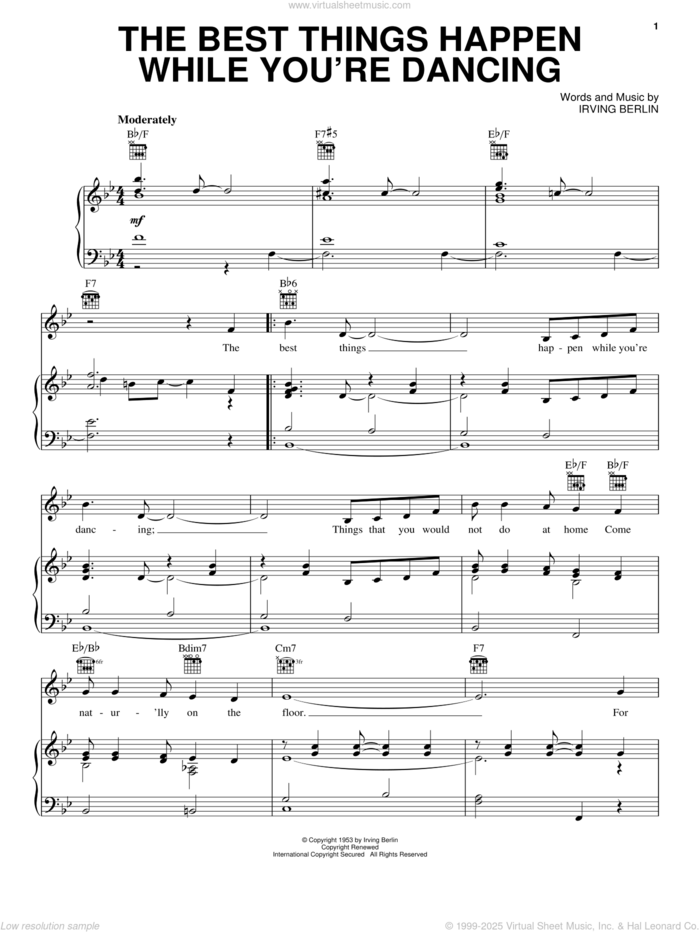 The Best Things Happen While You're Dancing sheet music for voice, piano or guitar by Irving Berlin and White Christmas (Musical), intermediate skill level