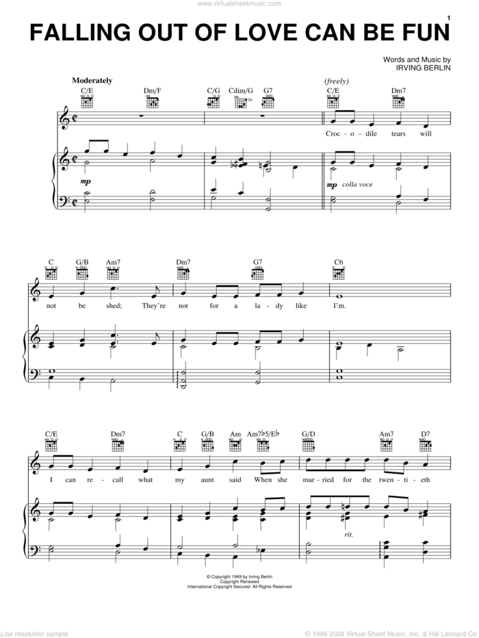 Falling Out Of Love Can Be Fun sheet music for voice, piano or guitar by Irving Berlin and White Christmas (Musical), intermediate skill level