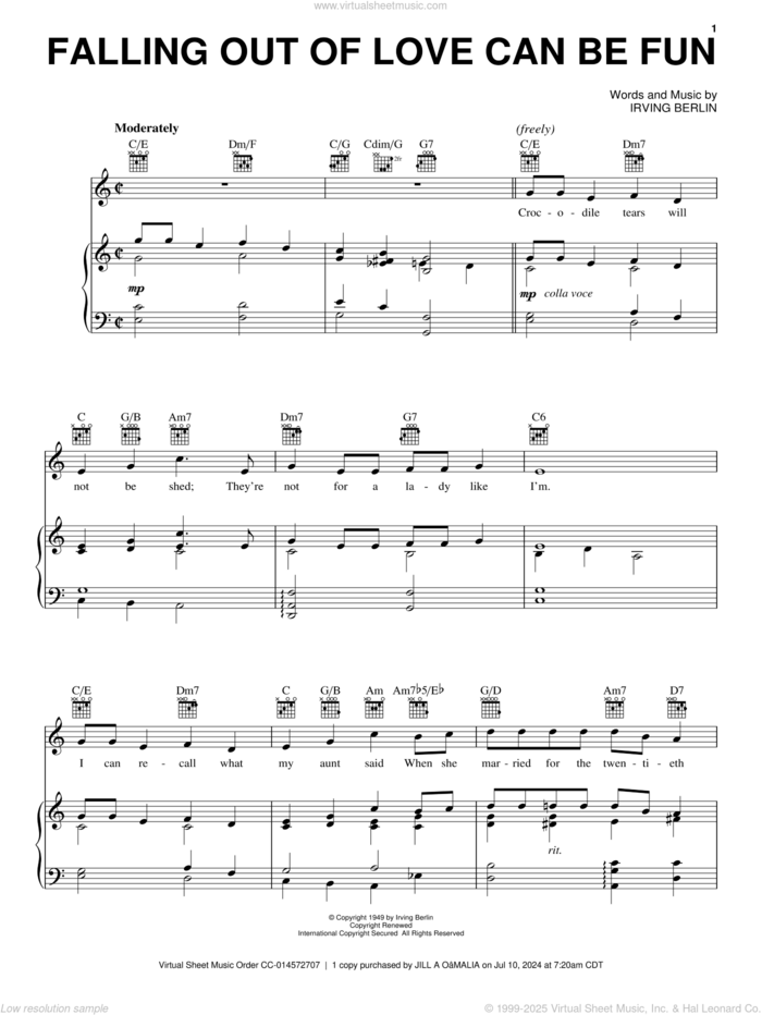 Falling Out Of Love Can Be Fun sheet music for voice, piano or guitar by Irving Berlin and White Christmas (Musical), intermediate skill level