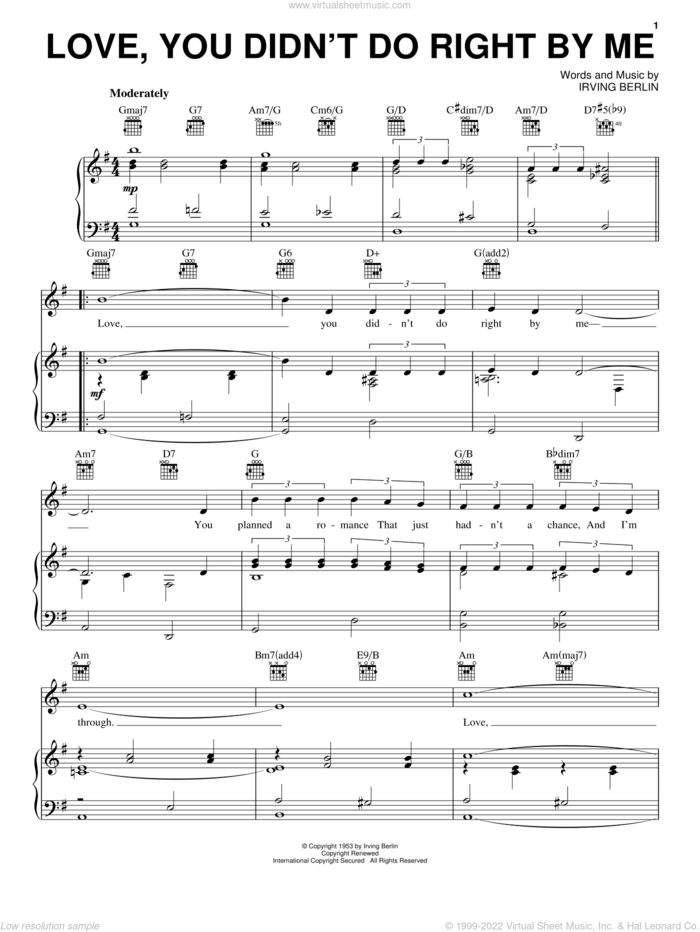 Love, You Didn't Do Right By Me sheet music for voice, piano or guitar by Irving Berlin and White Christmas (Musical), intermediate skill level