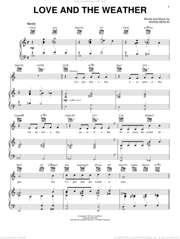 Love And The Weather sheet music for voice, piano or guitar by Irving Berlin and White Christmas (Musical), intermediate skill level