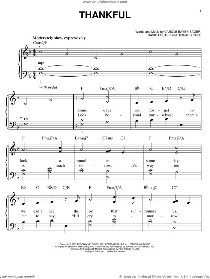Thankful sheet music for piano solo by Josh Groban, Carole Bayer Sager, David Foster and Richard Page, easy skill level