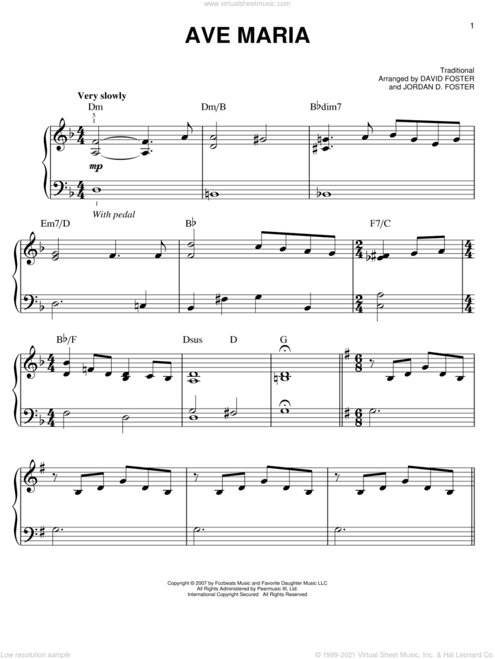 Ave Maria sheet music for piano solo by Josh Groban, David Foster, Jordan D. Foster and Miscellaneous, easy skill level