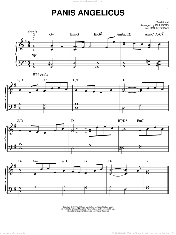 Panis Angelicus sheet music for piano solo by Josh Groban, Bill Ross and Miscellaneous, easy skill level