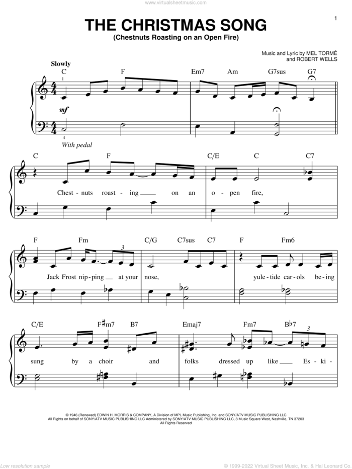 The Christmas Song (Chestnuts Roasting On An Open Fire) sheet music for piano solo by Josh Groban and Mel Torme, easy skill level