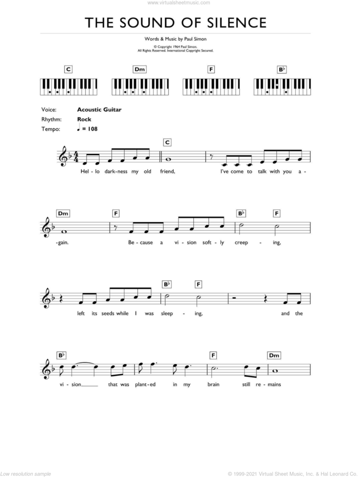 The Sound Of Silence, (intermediate) sheet music for piano solo (chords, lyrics, melody) by Simon & Garfunkel and Paul Simon, intermediate piano (chords, lyrics, melody)