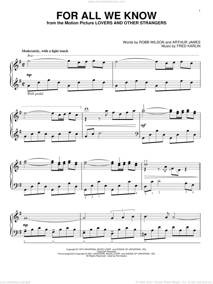 For All We Know, (intermediate) sheet music for piano solo by Carpenters, Fred Karlin, James Griffin and Robb Wilson, wedding score, intermediate skill level