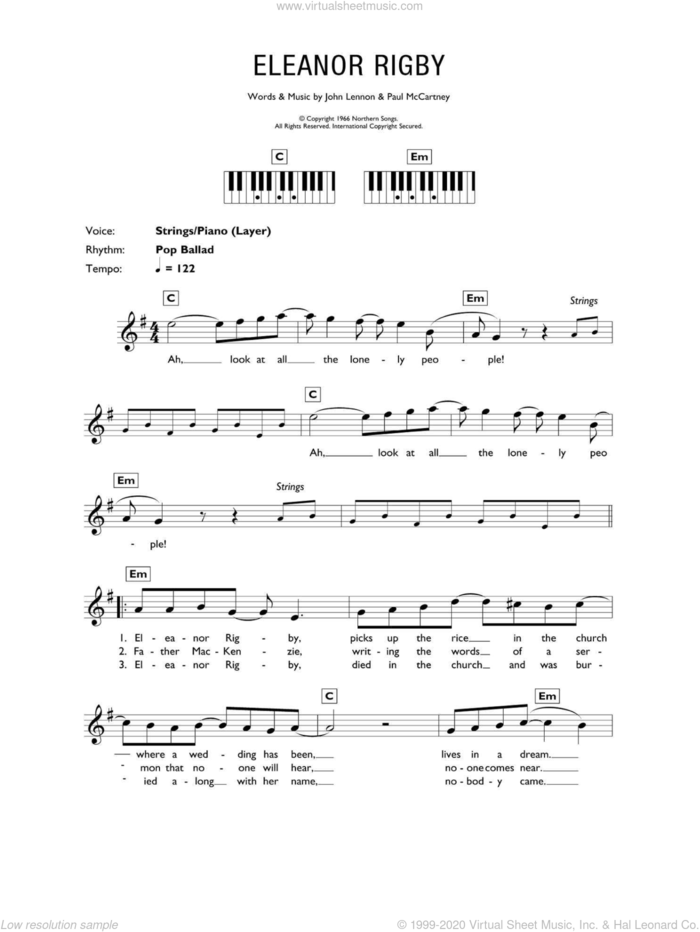 Eleanor Rigby sheet music for piano solo (chords, lyrics, melody) by The Beatles, John Lennon and Paul McCartney, intermediate piano (chords, lyrics, melody)