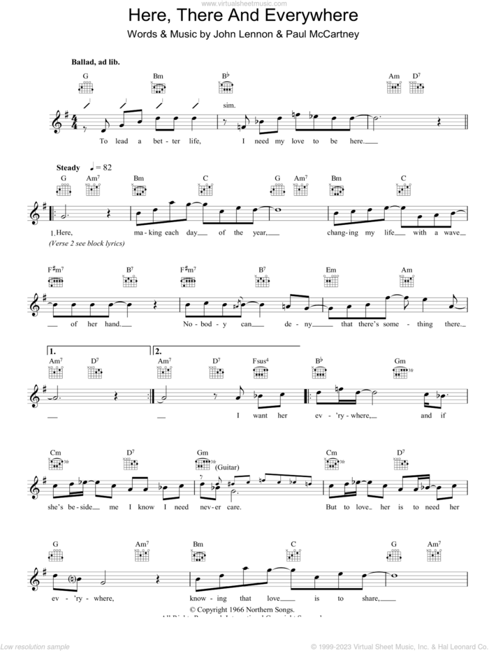 Here, There And Everywhere sheet music for voice and other instruments (fake book) by The Beatles, John Lennon and Paul McCartney, wedding score, intermediate skill level