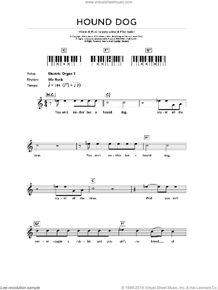 Hound Dog sheet music for piano solo (chords, lyrics, melody) by Elvis Presley, Leiber & Stoller, Jerry Leiber and Mike Stoller, intermediate piano (chords, lyrics, melody)