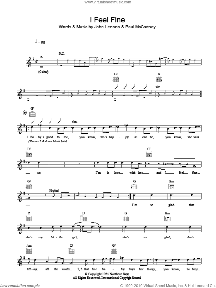 I Feel Fine sheet music for voice and other instruments (fake book) by The Beatles, John Lennon and Paul McCartney, intermediate skill level