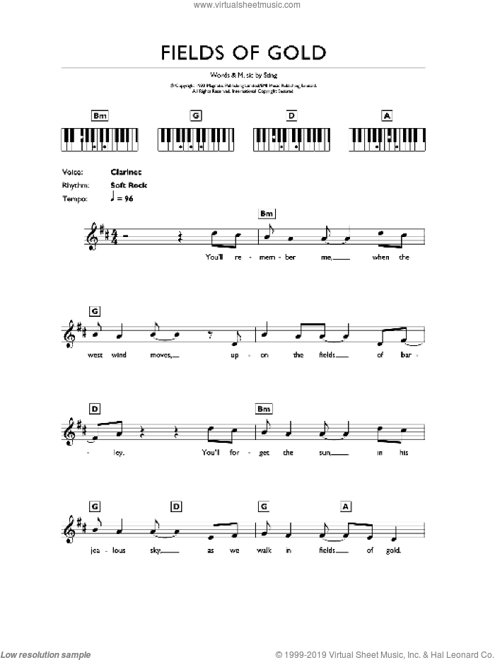 Fields Of Gold sheet music for piano solo (chords, lyrics, melody) by Sting, intermediate piano (chords, lyrics, melody)