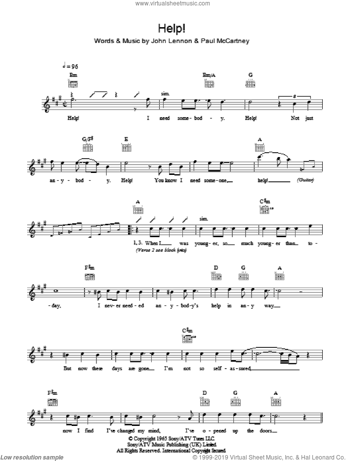 Help! sheet music for voice and other instruments (fake book) by The Beatles, John Lennon and Paul McCartney, intermediate skill level