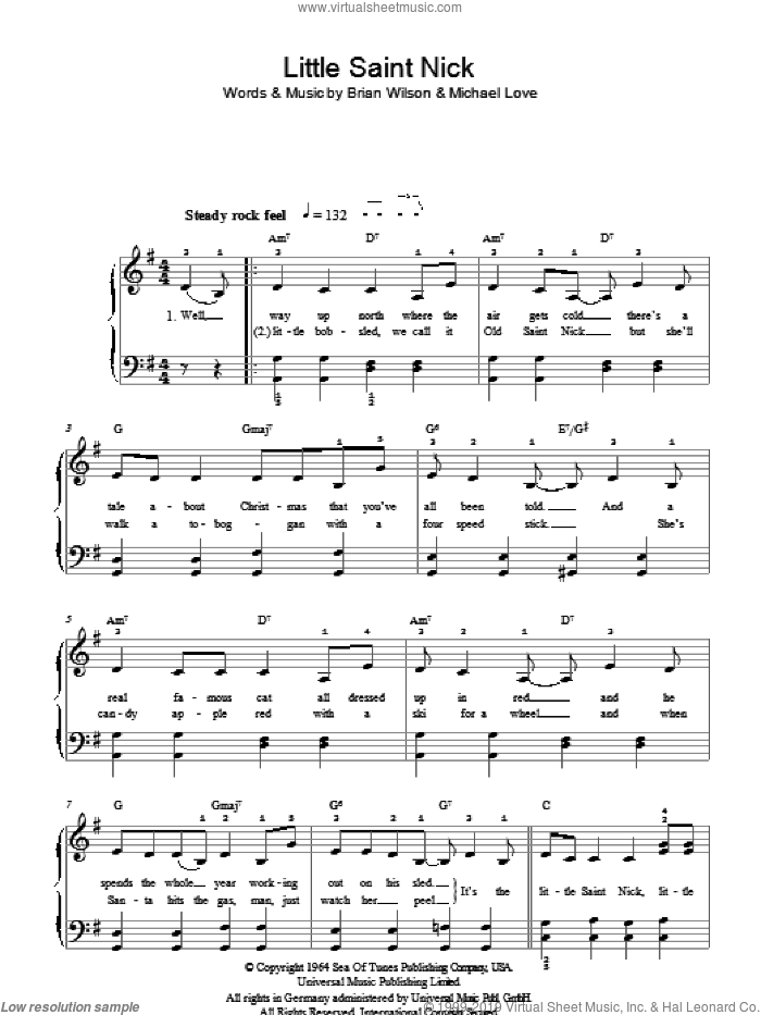Little Saint Nick, (easy) sheet music for piano solo by The Beach Boys, Brian Wilson and Michael Love, easy skill level