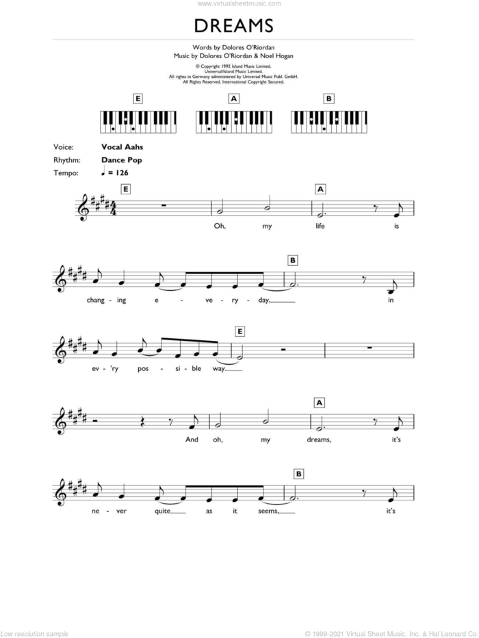 Dreams sheet music for piano solo (chords, lyrics, melody) by The Cranberries and Noel Hogan, intermediate piano (chords, lyrics, melody)