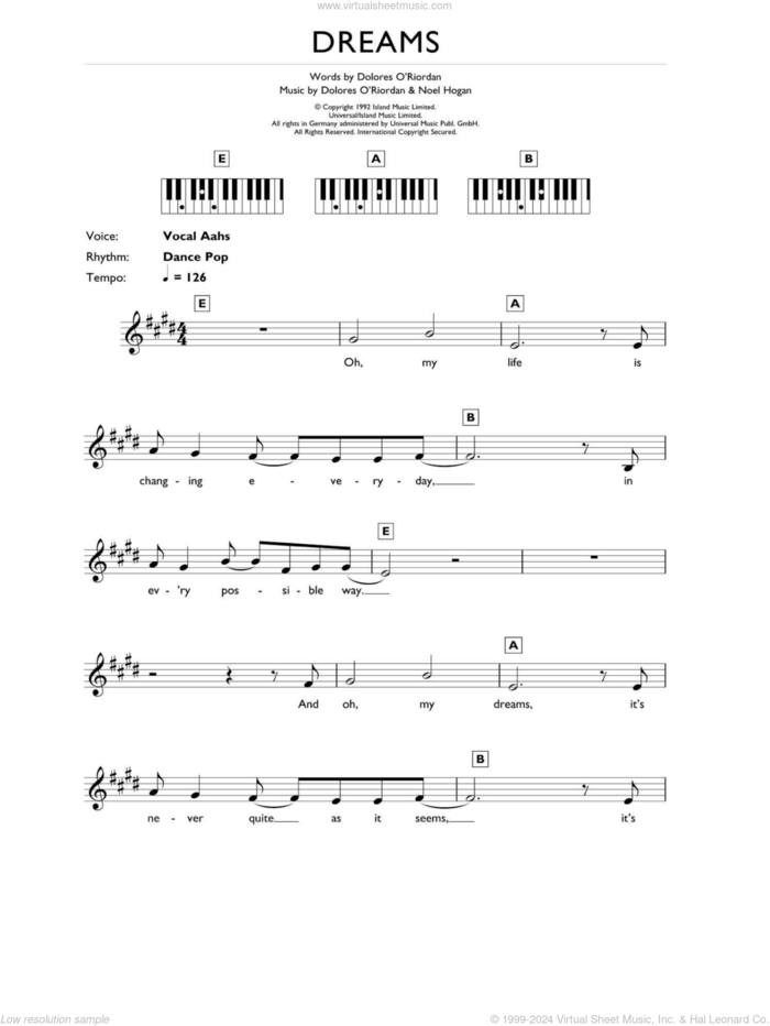 Dreams sheet music for piano solo (chords, lyrics, melody) by The Cranberries and Noel Hogan, intermediate piano (chords, lyrics, melody)