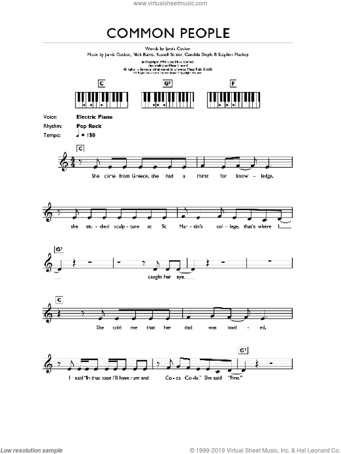 Common People sheet music for piano solo (chords, lyrics, melody) by Pulp, Candida Doyle, Jarvis Cocker, Nick Banks, Russell Senior and Stephen Mackey, intermediate piano (chords, lyrics, melody)