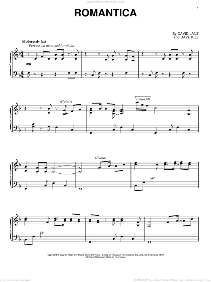 Romantica sheet music for piano solo by David Lanz and Dave Koz, intermediate skill level