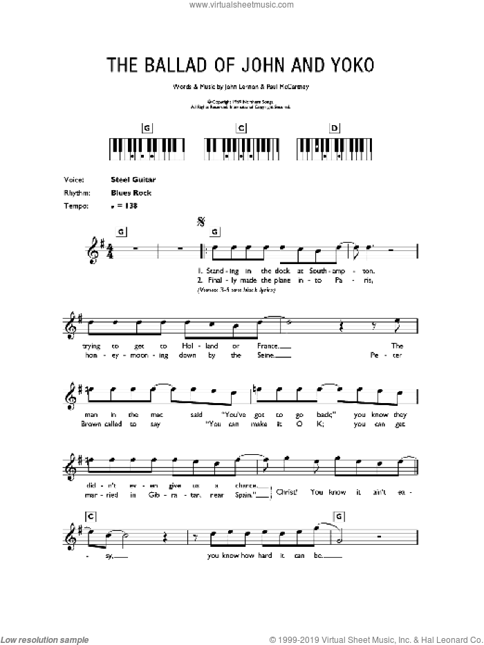 The Ballad Of John And Yoko sheet music for piano solo (chords, lyrics, melody) by The Beatles, John Lennon and Paul McCartney, intermediate piano (chords, lyrics, melody)