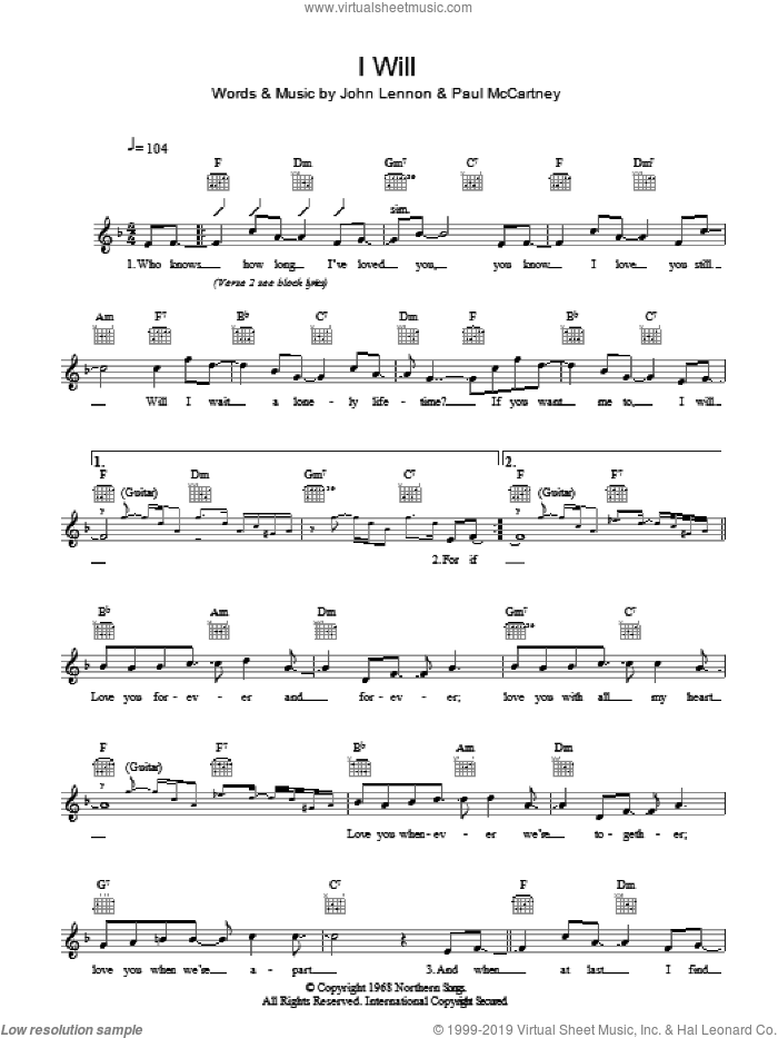 I Will sheet music for voice and other instruments (fake book) by The Beatles, John Lennon and Paul McCartney, intermediate skill level