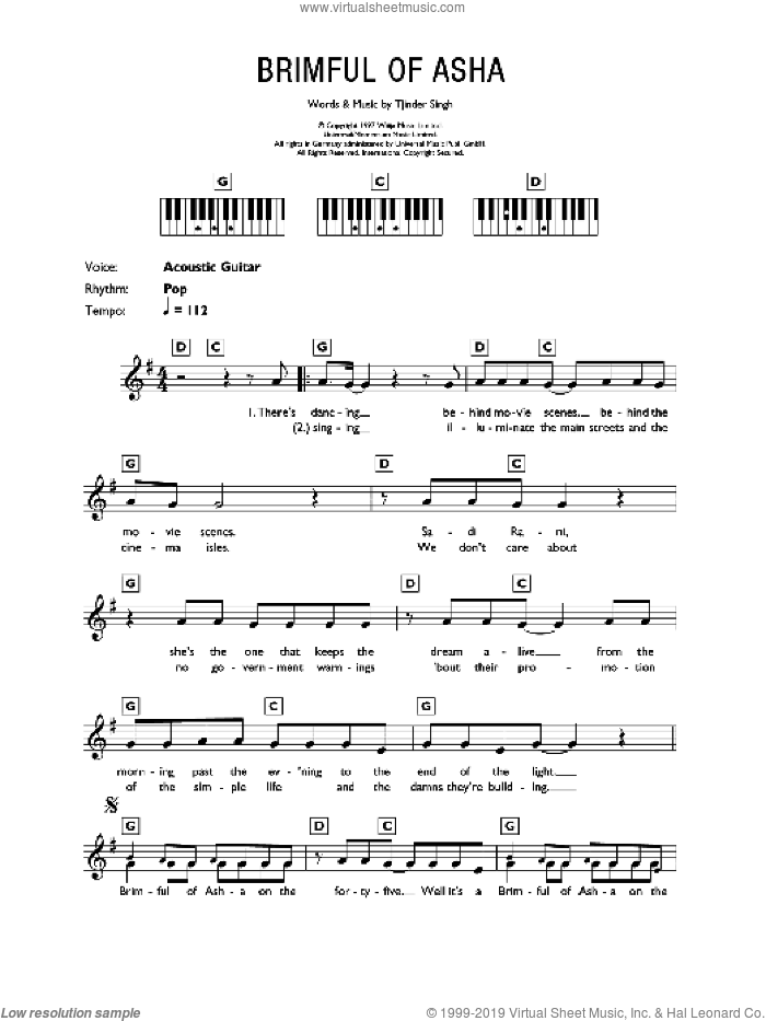 Brimful Of Asha sheet music for piano solo (chords, lyrics, melody) by Cornershop and Tjinder Singh, intermediate piano (chords, lyrics, melody)
