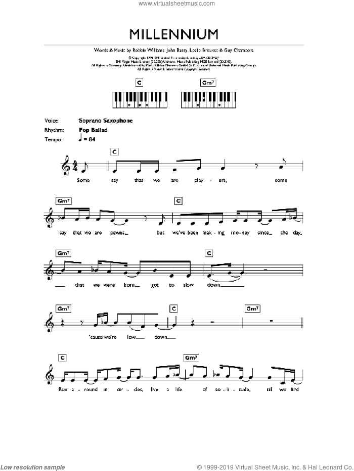 Millennium sheet music for piano solo (chords, lyrics, melody) by Robbie Williams, Guy Chambers, John Barry and Leslie Bricusse, intermediate piano (chords, lyrics, melody)