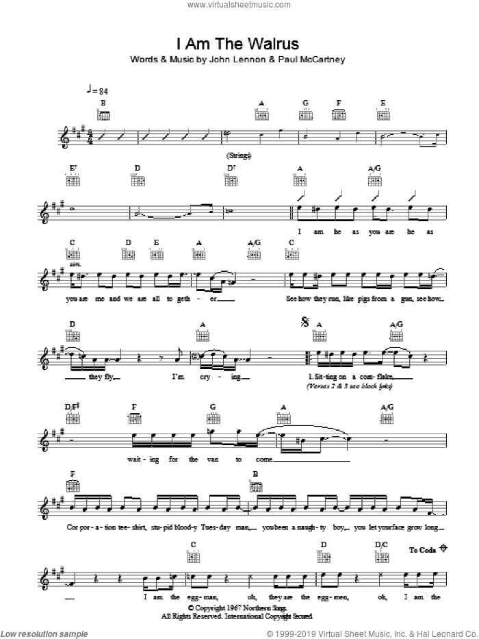 I Am The Walrus sheet music for voice and other instruments (fake book) by The Beatles, John Lennon and Paul McCartney, intermediate skill level