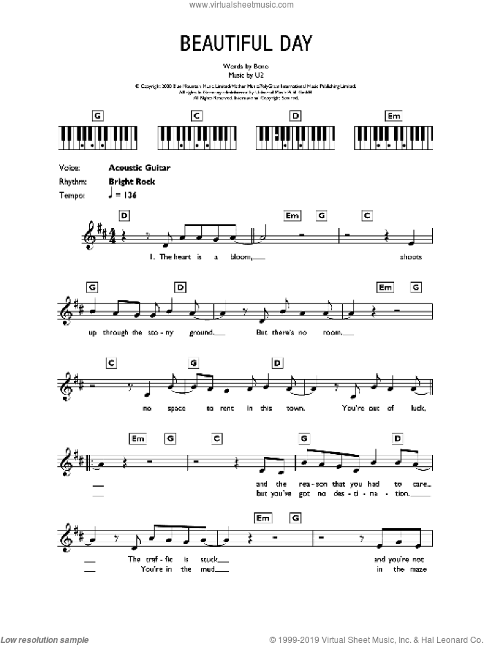 Beautiful Day sheet music for piano solo (chords, lyrics, melody) by U2 and Bono, intermediate piano (chords, lyrics, melody)