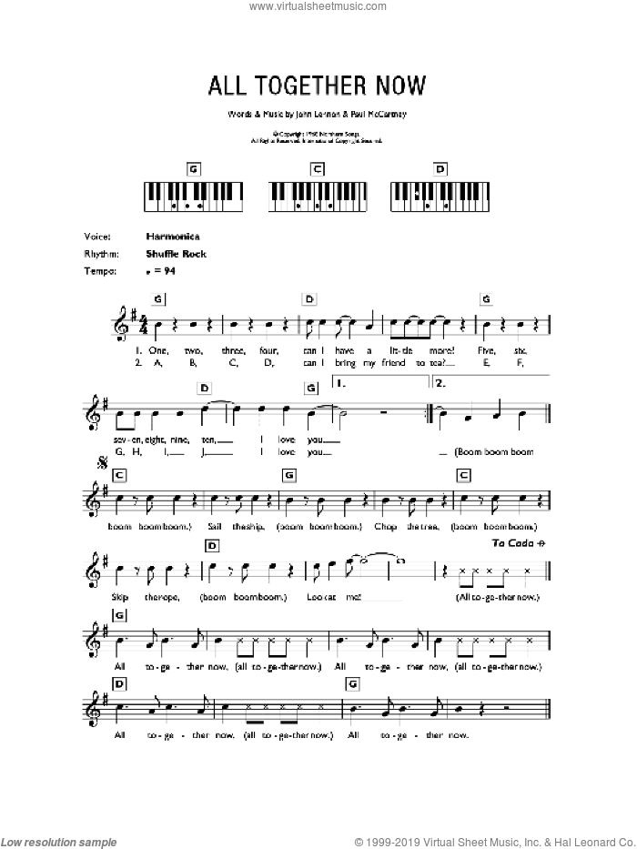 All Together Now sheet music for piano solo (chords, lyrics, melody) by The Beatles, John Lennon and Paul McCartney, intermediate piano (chords, lyrics, melody)