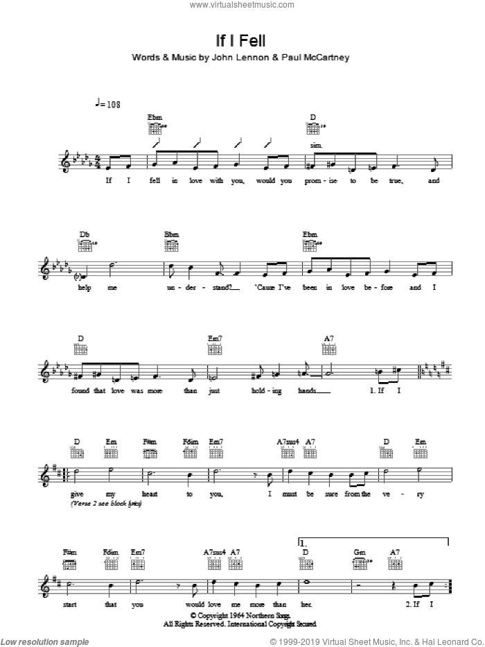 If I Fell sheet music for voice and other instruments (fake book) by The Beatles, John Lennon and Paul McCartney, intermediate skill level