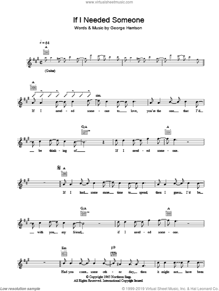 If I Needed Someone sheet music for voice and other instruments (fake book) by The Beatles and George Harrison, intermediate skill level