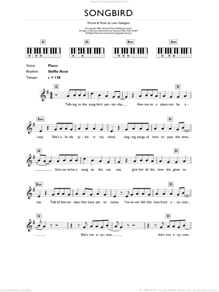 Songbird, (intermediate) sheet music for piano solo (chords, lyrics, melody) by Oasis and Liam Gallagher, intermediate piano (chords, lyrics, melody)