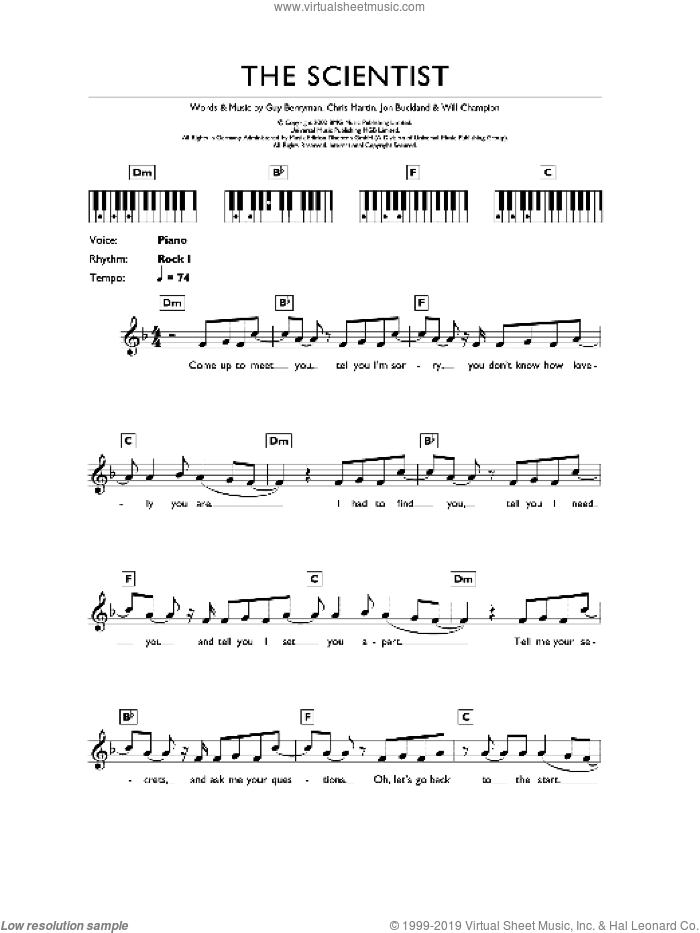 The Scientist sheet music for piano solo (chords, lyrics, melody) by Coldplay, Chris Martin, Guy Berryman, Jon Buckland and Will Champion, intermediate piano (chords, lyrics, melody)