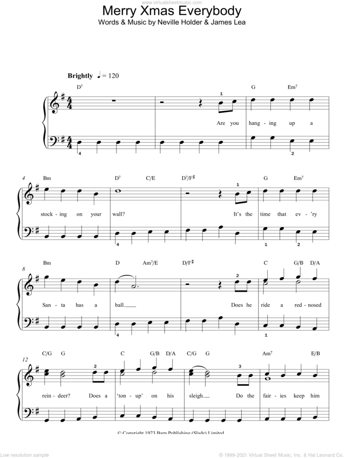Merry Xmas Everybody sheet music for piano solo by Slade, James Lea and Neville Holder, easy skill level