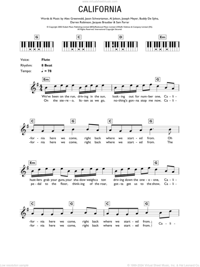 California (Theme from The OC) sheet music for piano solo (chords, lyrics, melody) by Phantom Planet, Al Jolson, Alex Greenwald, Buddy DeSylva, Darren Robinson, Jacques Brautbar, Jason Schwartzman, Joseph Meyer and Sam Farrar, intermediate piano (chords, lyrics, melody)