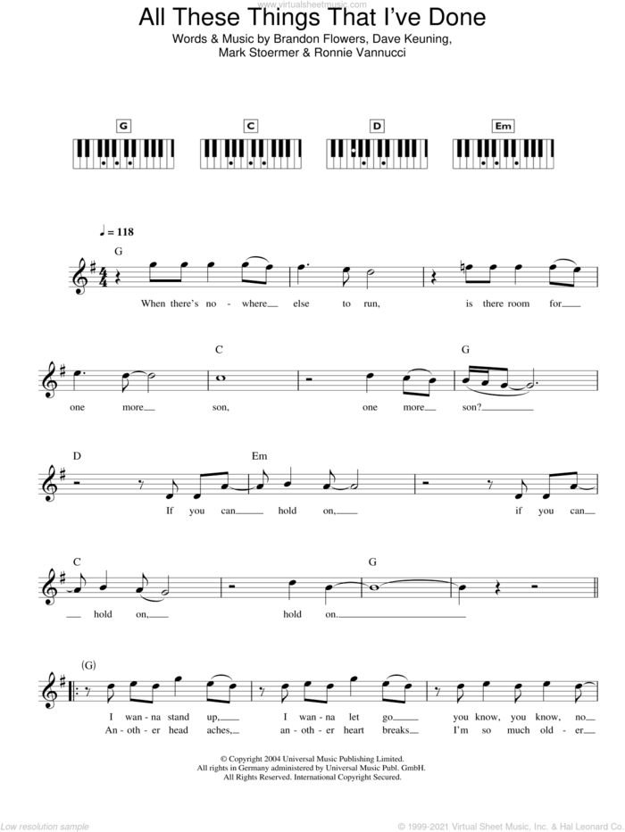 All These Things That I've Done sheet music for piano solo (chords, lyrics, melody) by The Killers, Brandon Flowers, Dave Keuning, Mark Stoermer and Ronnie Vannucci, intermediate piano (chords, lyrics, melody)