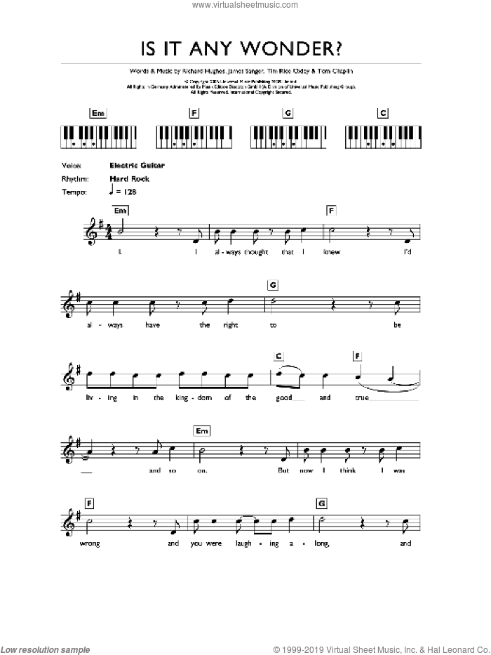 Is It Any Wonder? sheet music for piano solo (chords, lyrics, melody) by Tim Rice-Oxley, James Sanger, Richard Hughes and Tom Chaplin, intermediate piano (chords, lyrics, melody)