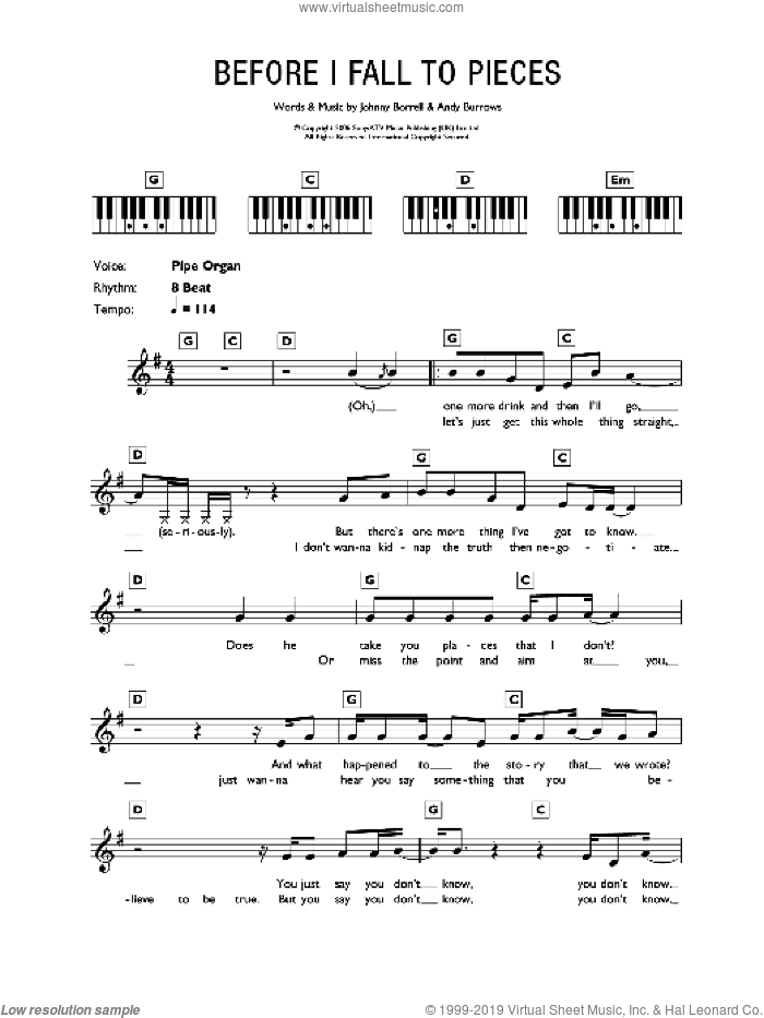 Before I Fall To Pieces sheet music for piano solo (chords, lyrics, melody) by Razorlight, Andy Burrows and Johnny Borrell, intermediate piano (chords, lyrics, melody)